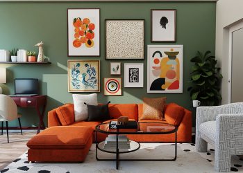 orange and black sofa with throw pillows